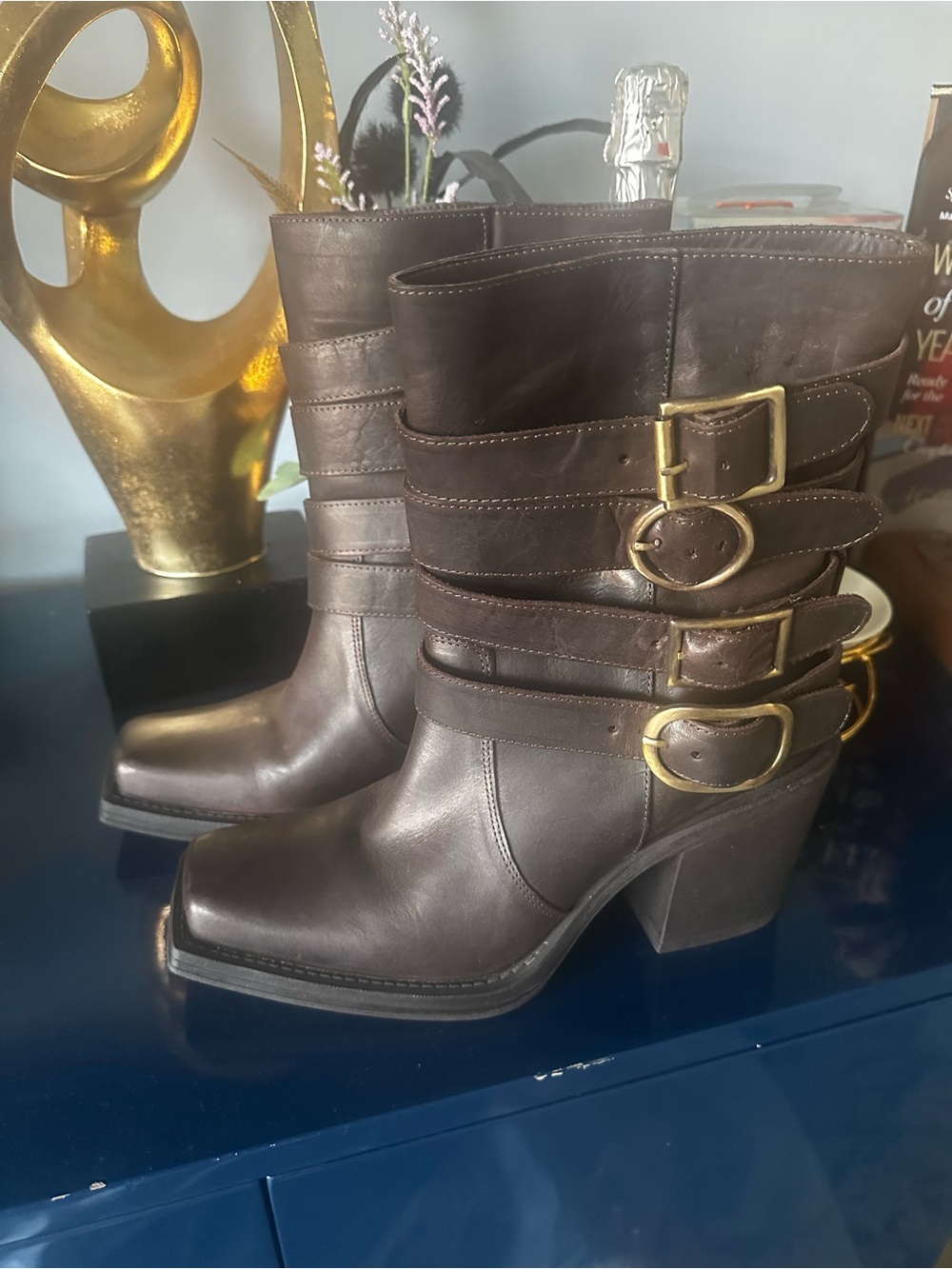 Steve Madden Carlina Brown Distressed Leather Moto Boots – Women’s Size 40